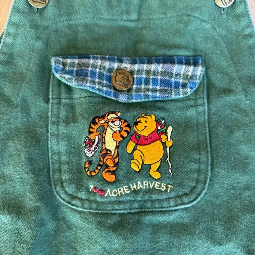 Vintage Winnie the Pooh Green Overalls Dress Girls Size 7/8